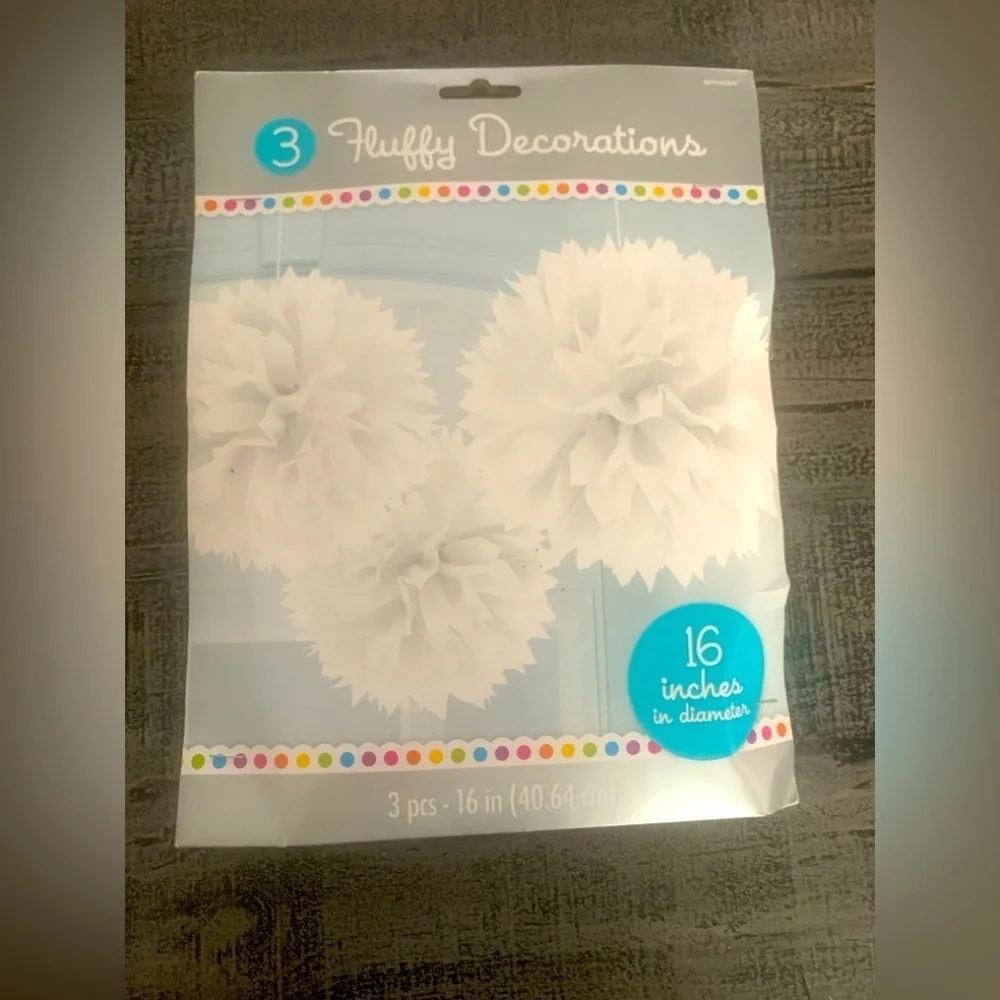White Tissue Pom Poms for Party Decorations, 3 in Package, 16” each, NWT,